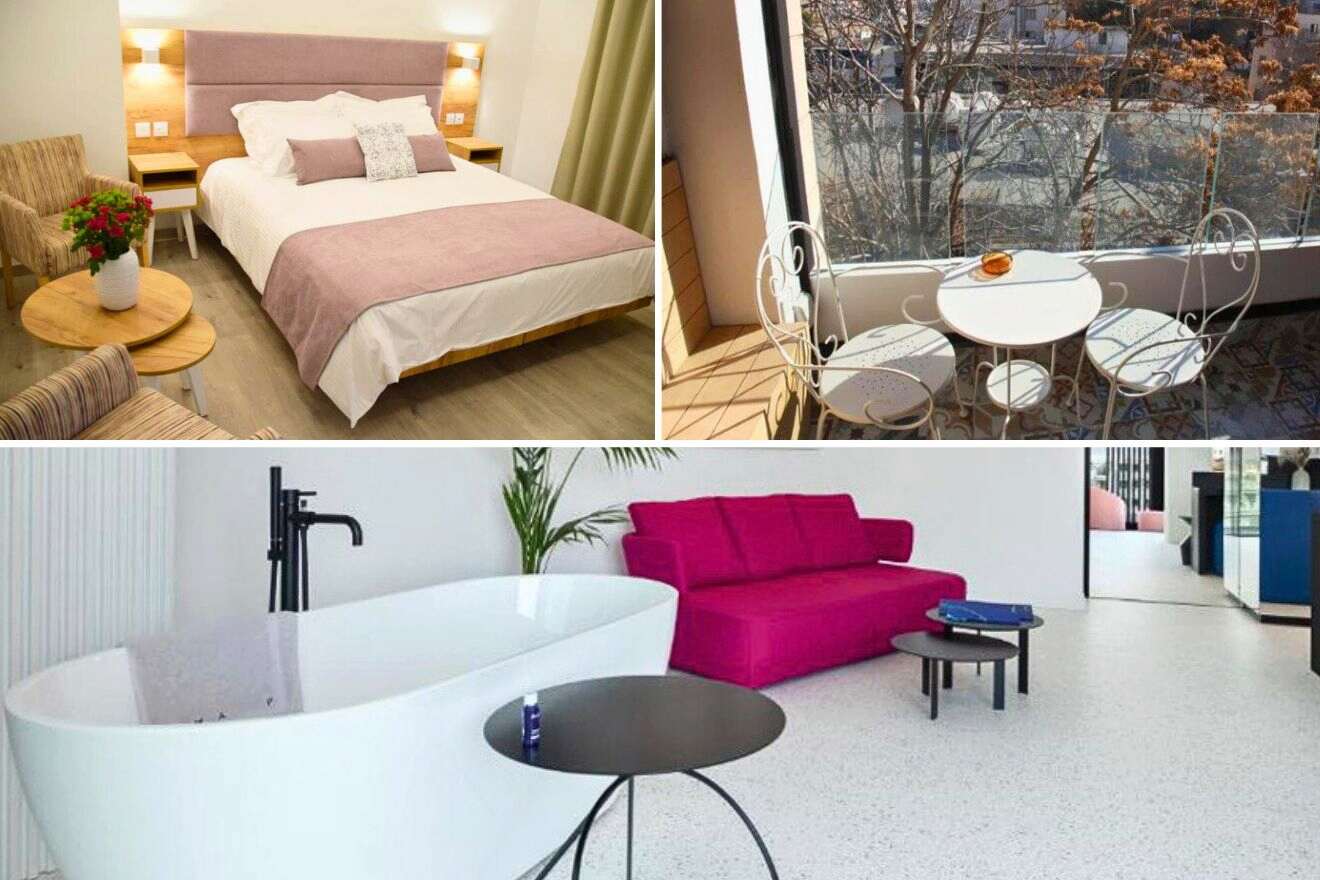 collage of 3 images with: bedroom, table with chairs on a terrace and a bath tub in room near a pink couch