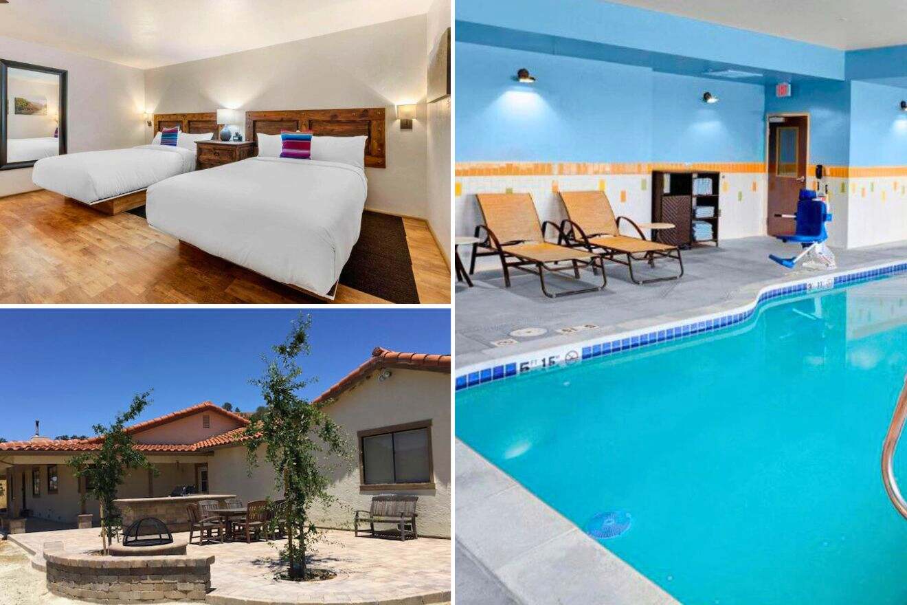 collage of 3 images with: indoor pool, bedroom and patio