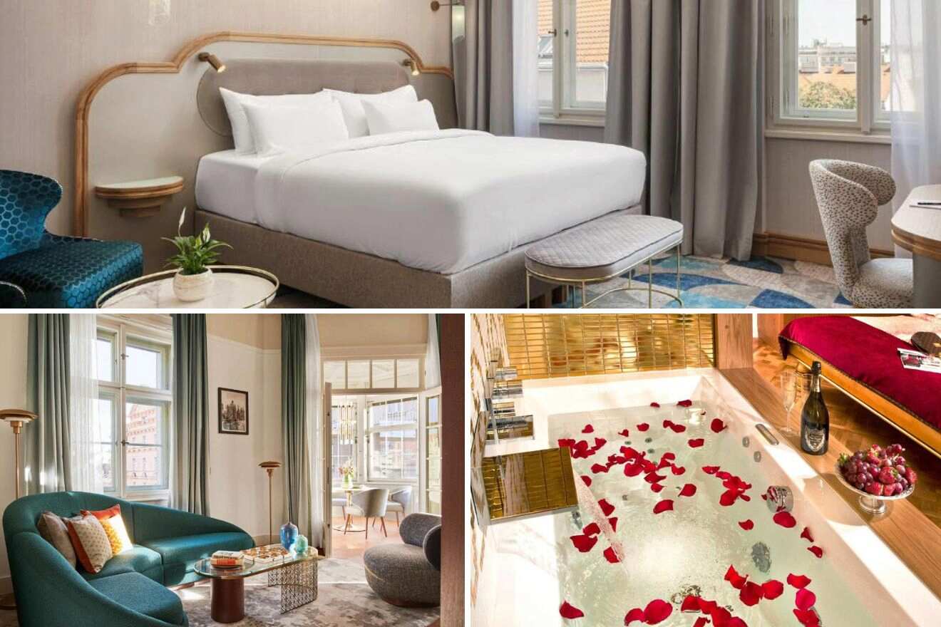 collage of 3 images with: hotel's bedroom, bath in a room and lounge area
