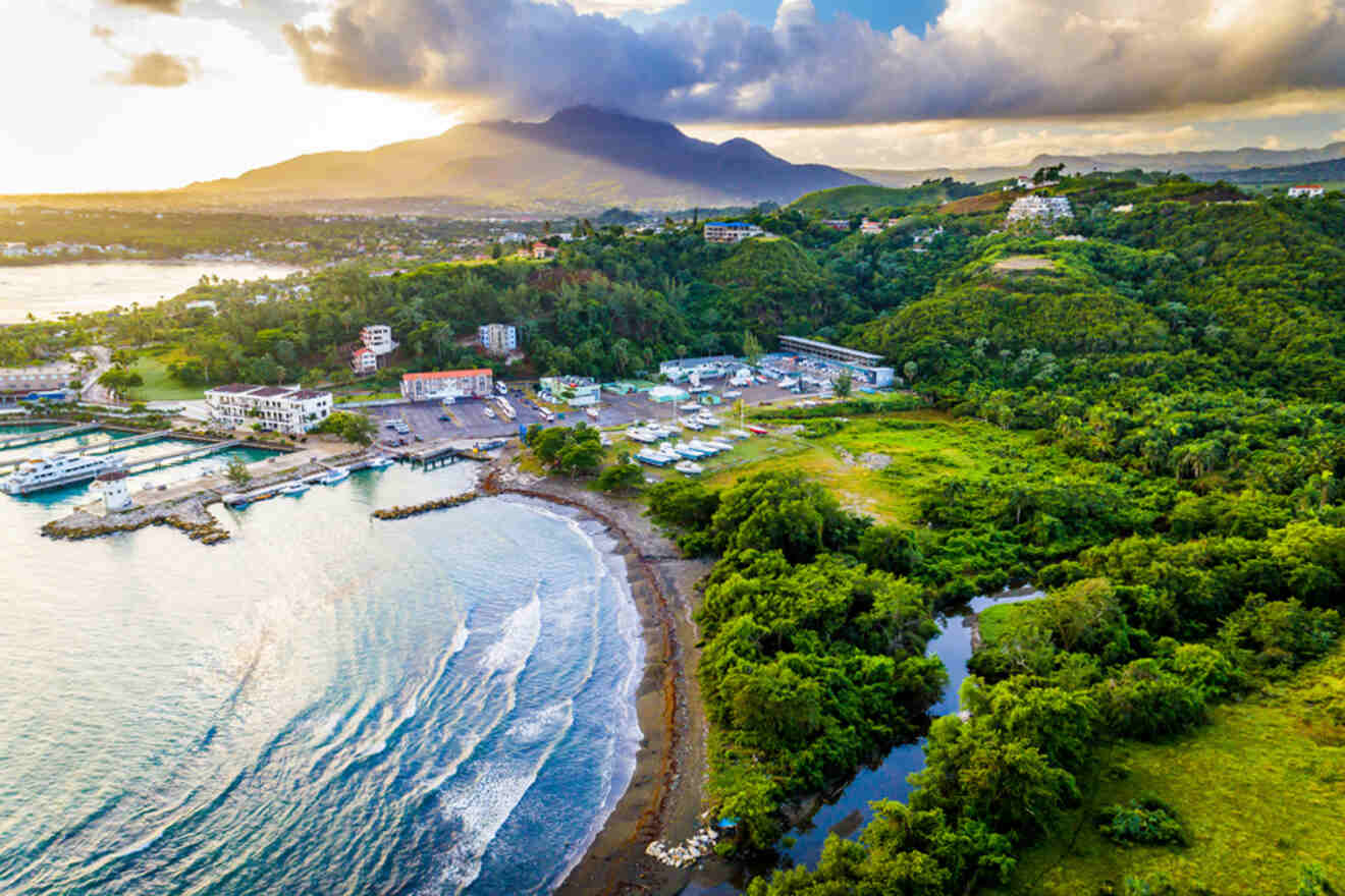 An aerial view of a small town on the coast