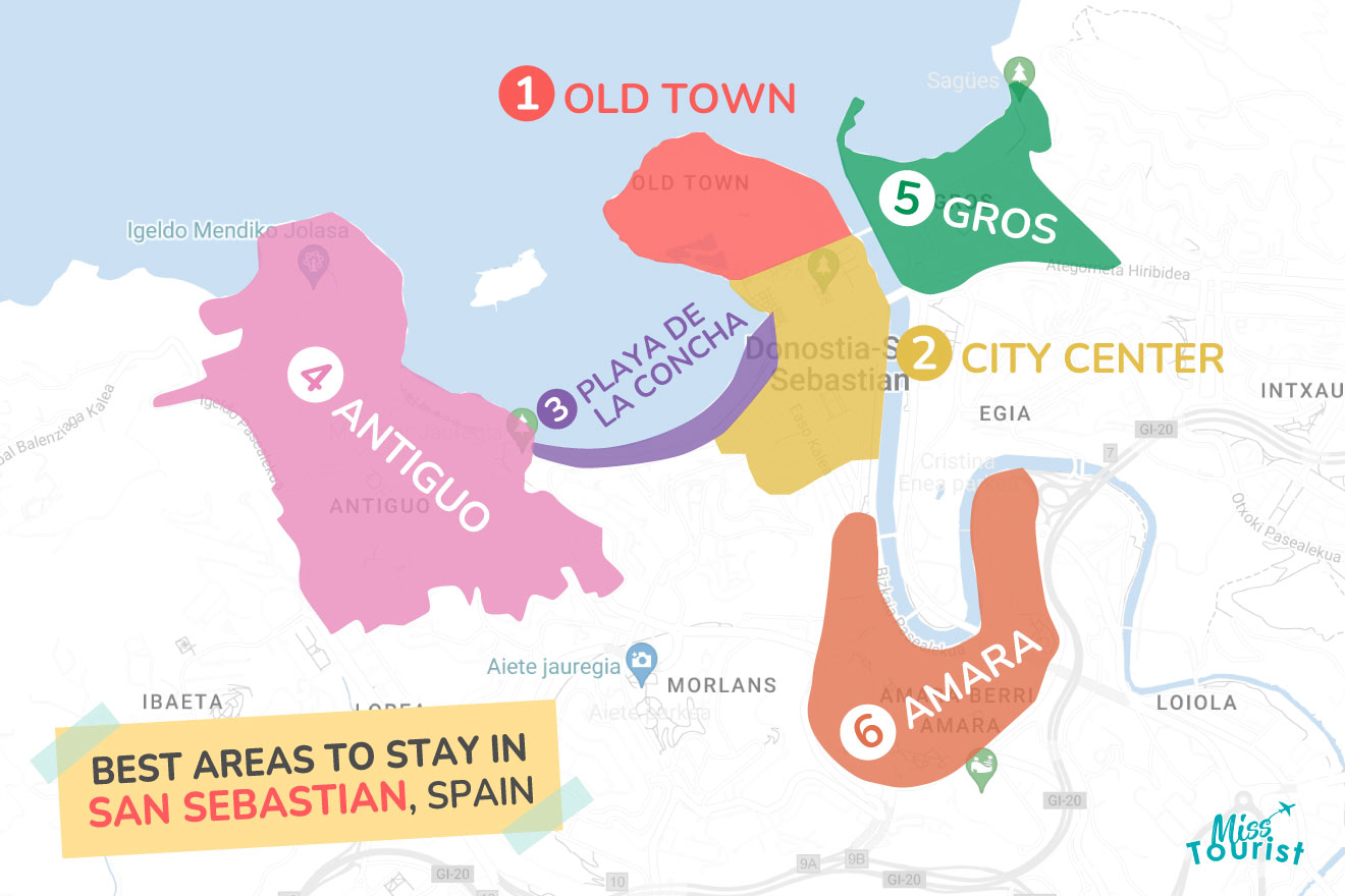 Colorful map highlighting the best areas to stay in San Sebastian