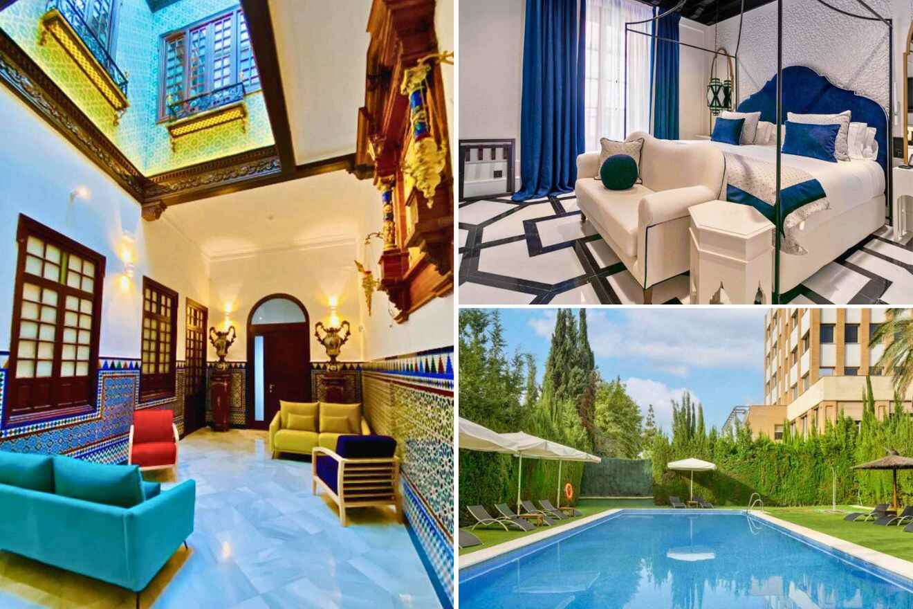 collage of 3 images with: a bedroom, pool and sitting area in a hallway