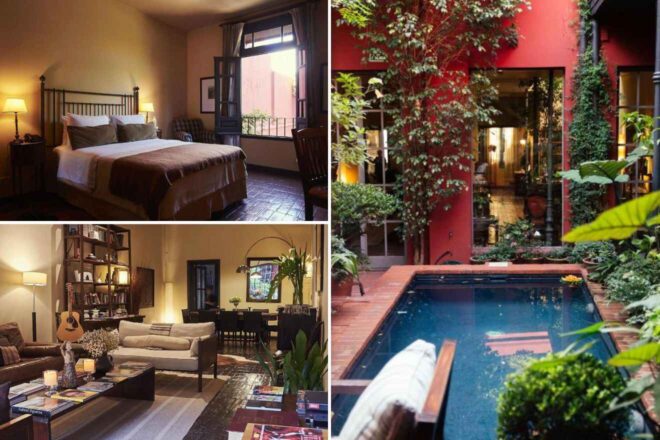 collage of three hotel photos: bedroom, living room, and outdoor pool