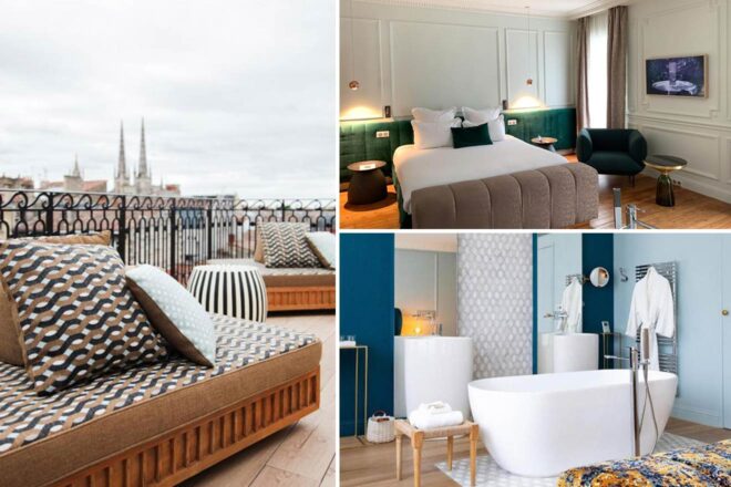 A collage of three photos of hotels to stay in Bordeaux Historic District: hotel rooftop lounge area, bedroom, and bathroom with a tub