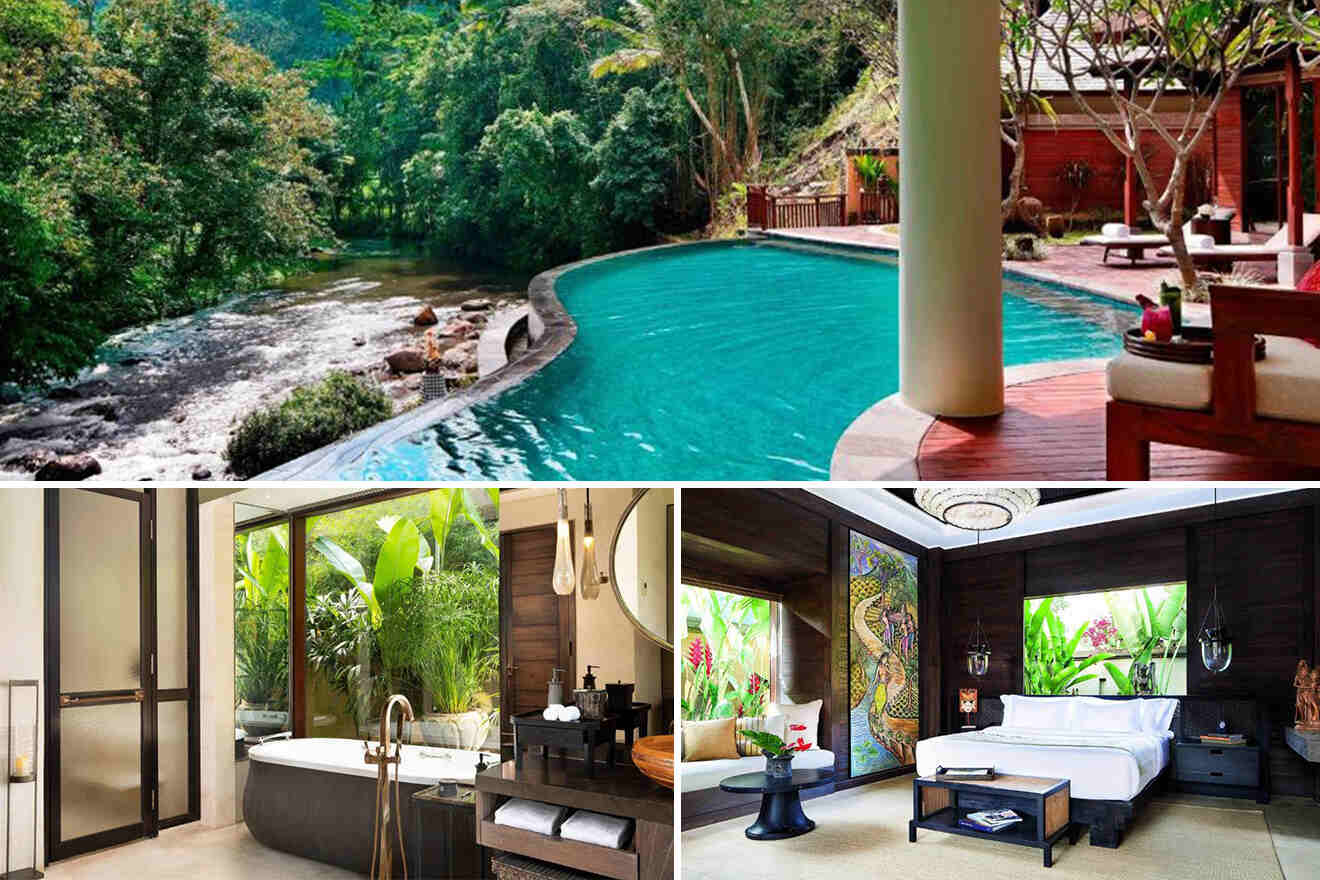 collage of 3 images with: bedroom, spa bath, and pool with view on the river