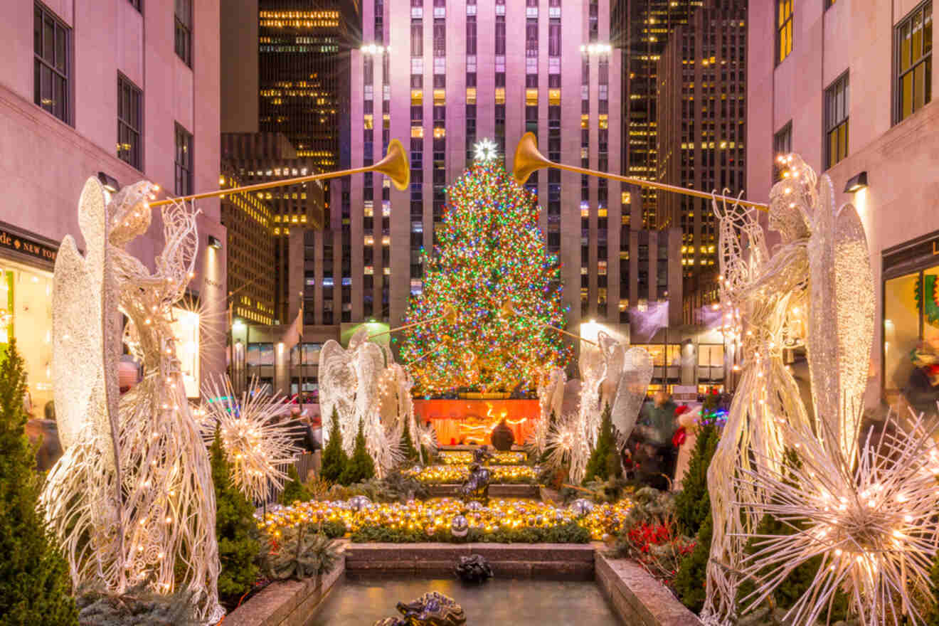 a Christmas tree surrounded by angels made with twinkling lights