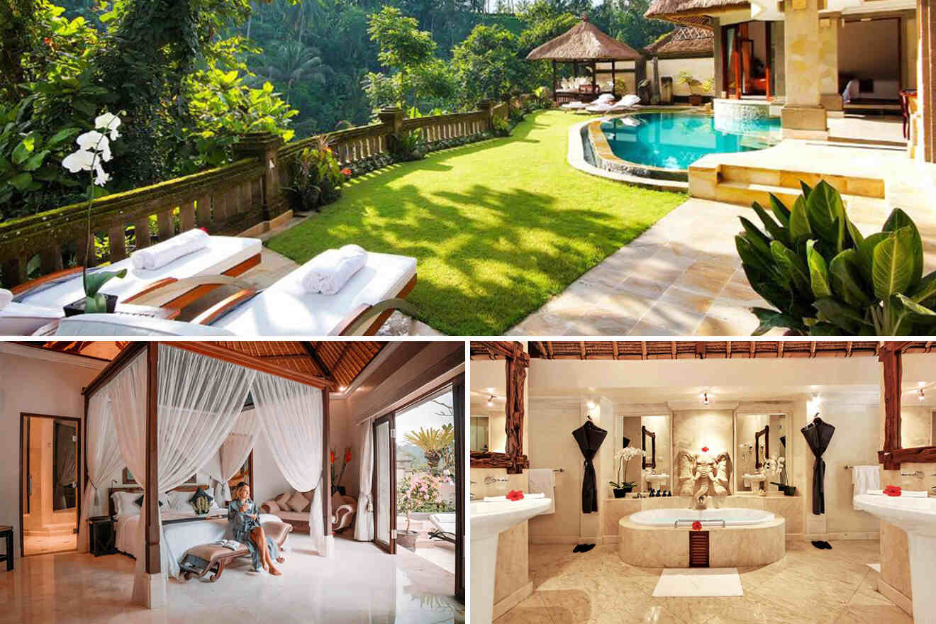 collage of 3 images with: swimming pool, bedroom and spa bath