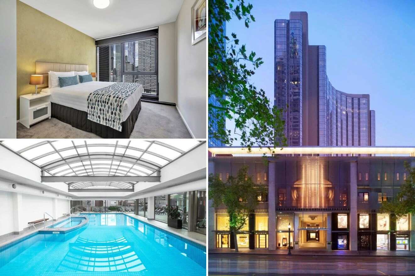 a collage of three hotel photos: bedroom, indoor pool, and hotel exterior
