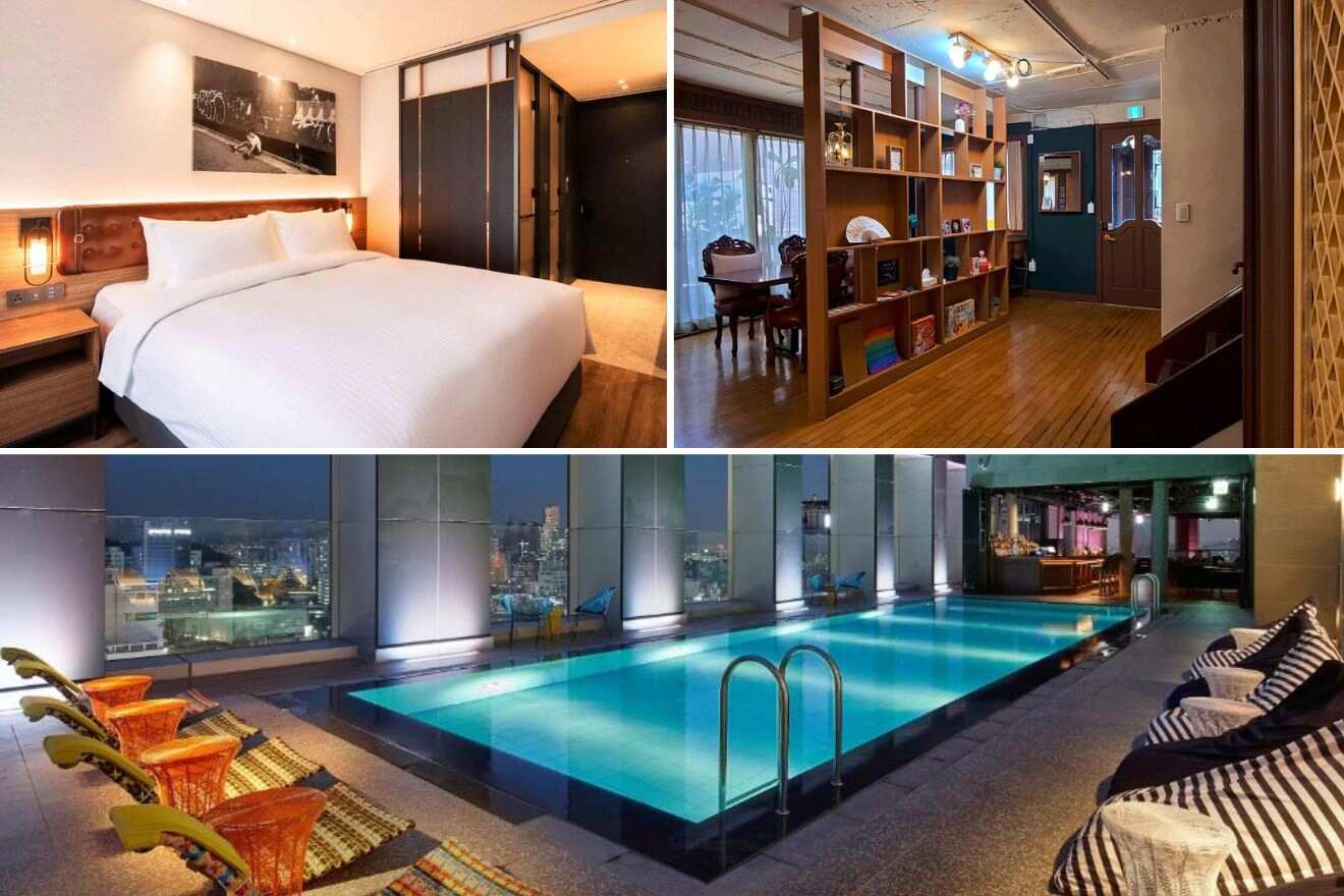 A collage of three photos of hotels to stay in Hongdae, Seoul: hotel bedroom, lounge area, and indoor pool