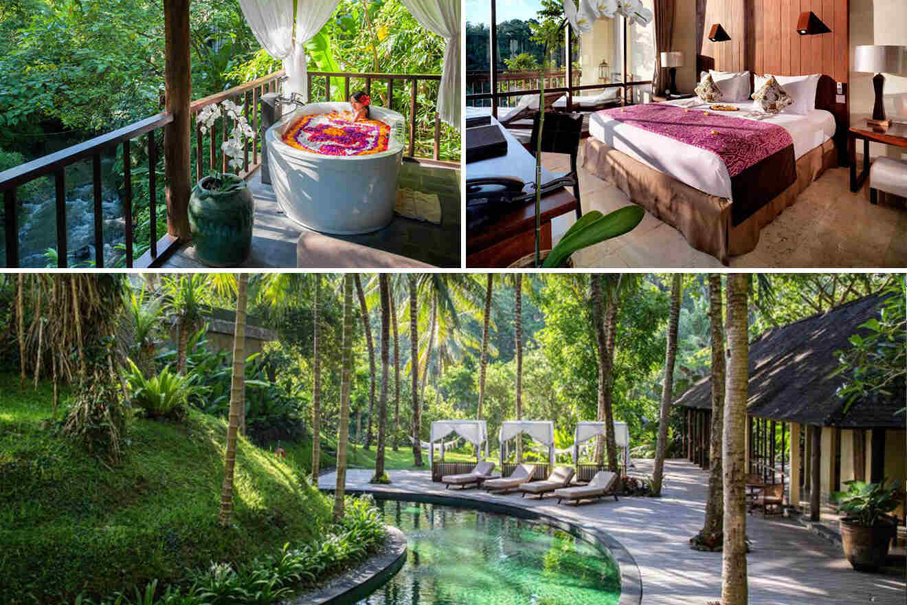 collage of 3 images with: bedroom, spa bath, and view of the villa with pool