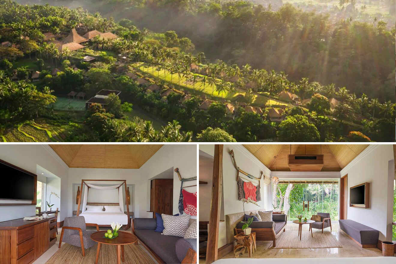 collage of 3 images with: bedroom, lounge and view of resort in the jungle