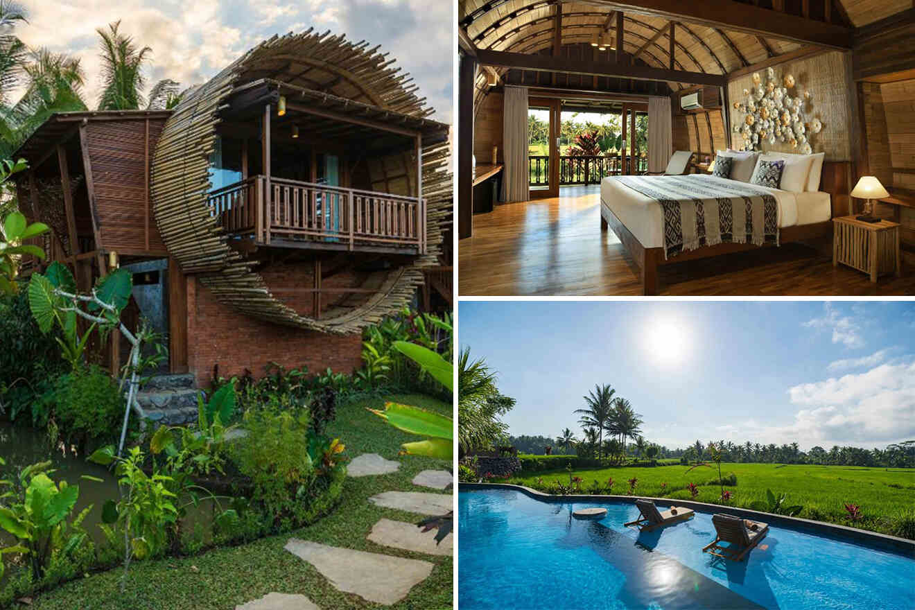 collage of 3 images with: view of the round villa, bedroom and pool