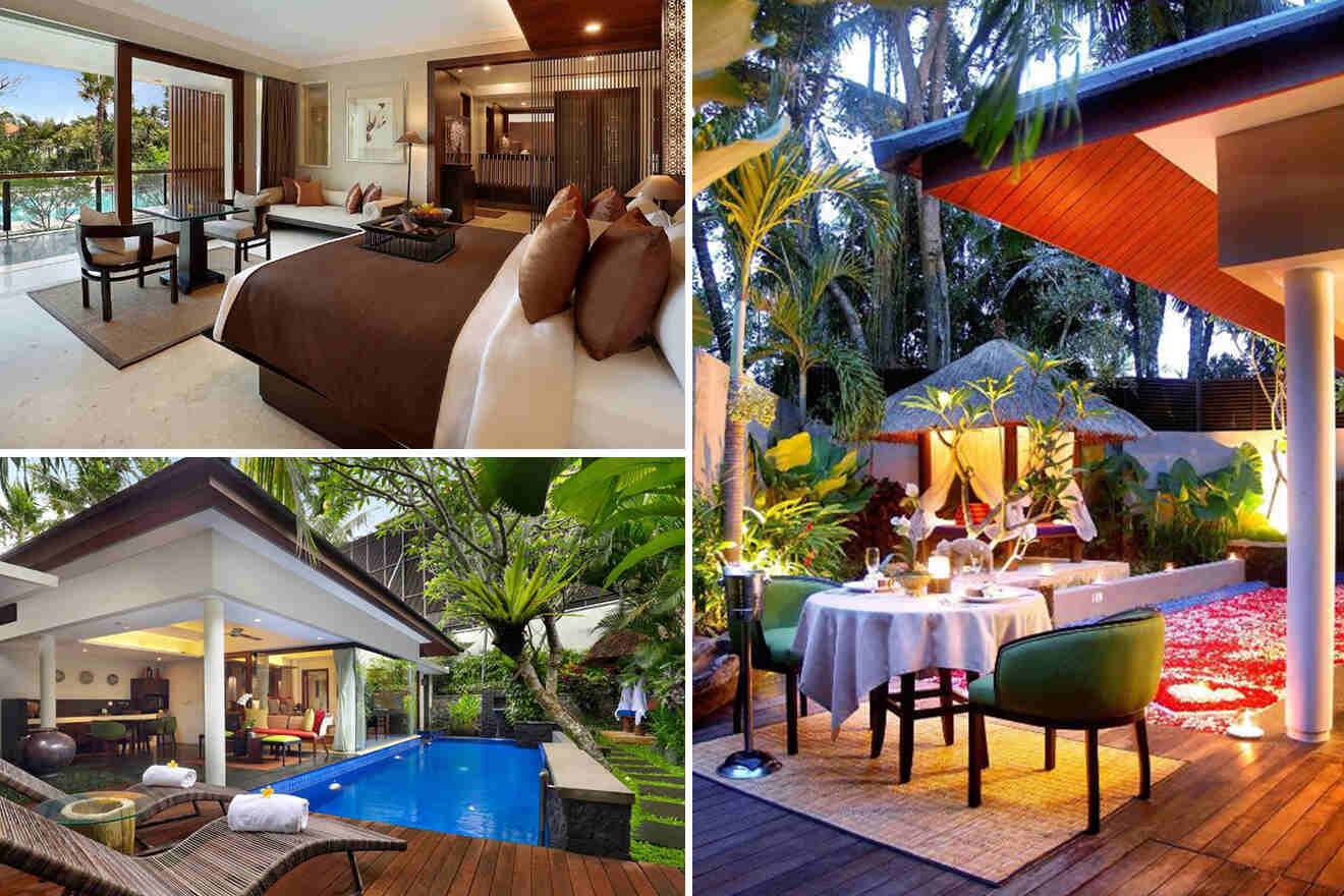 collage of 3 images with: bedroom, pool and romantic restaurant near the pool