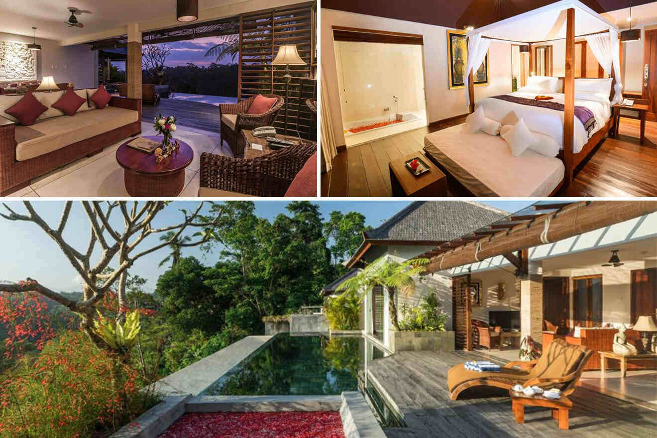 collage of 3 images with: bedroom, lounge and view of the villa with pool