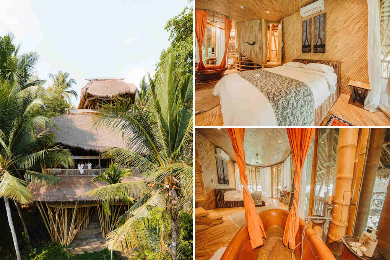 collage of 3 images with: view of bamboo villa, bedroom and spa bath