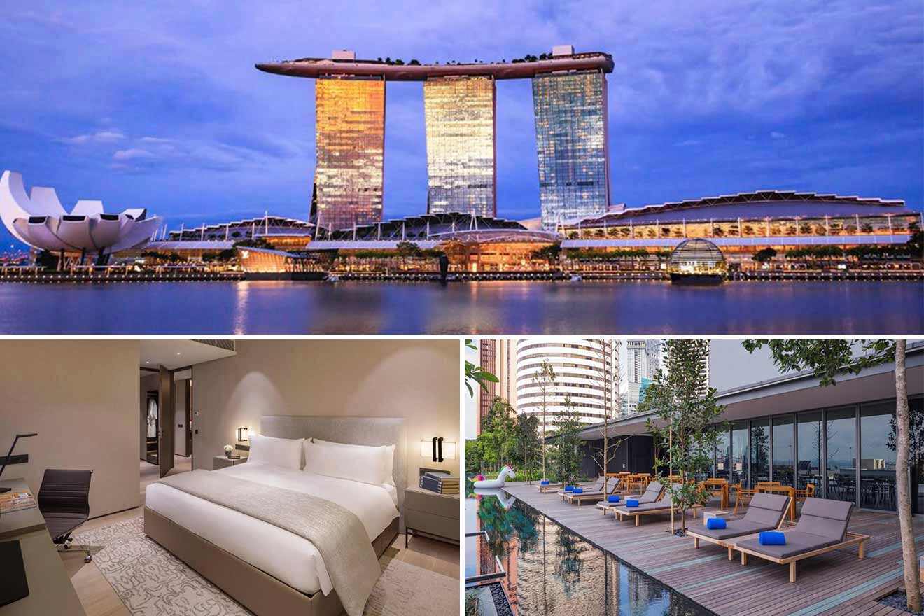 collage of 3 images with: the marina bay sands hotel, bedroom and sunbeds near the pool