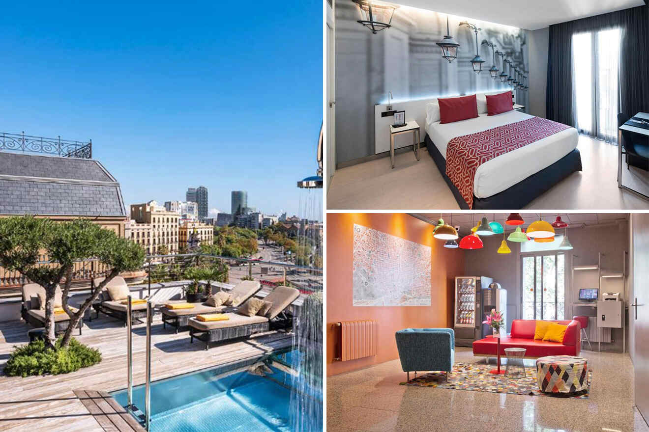 collage of 3 images with: bedroom, lounge zone and rooftop pool
