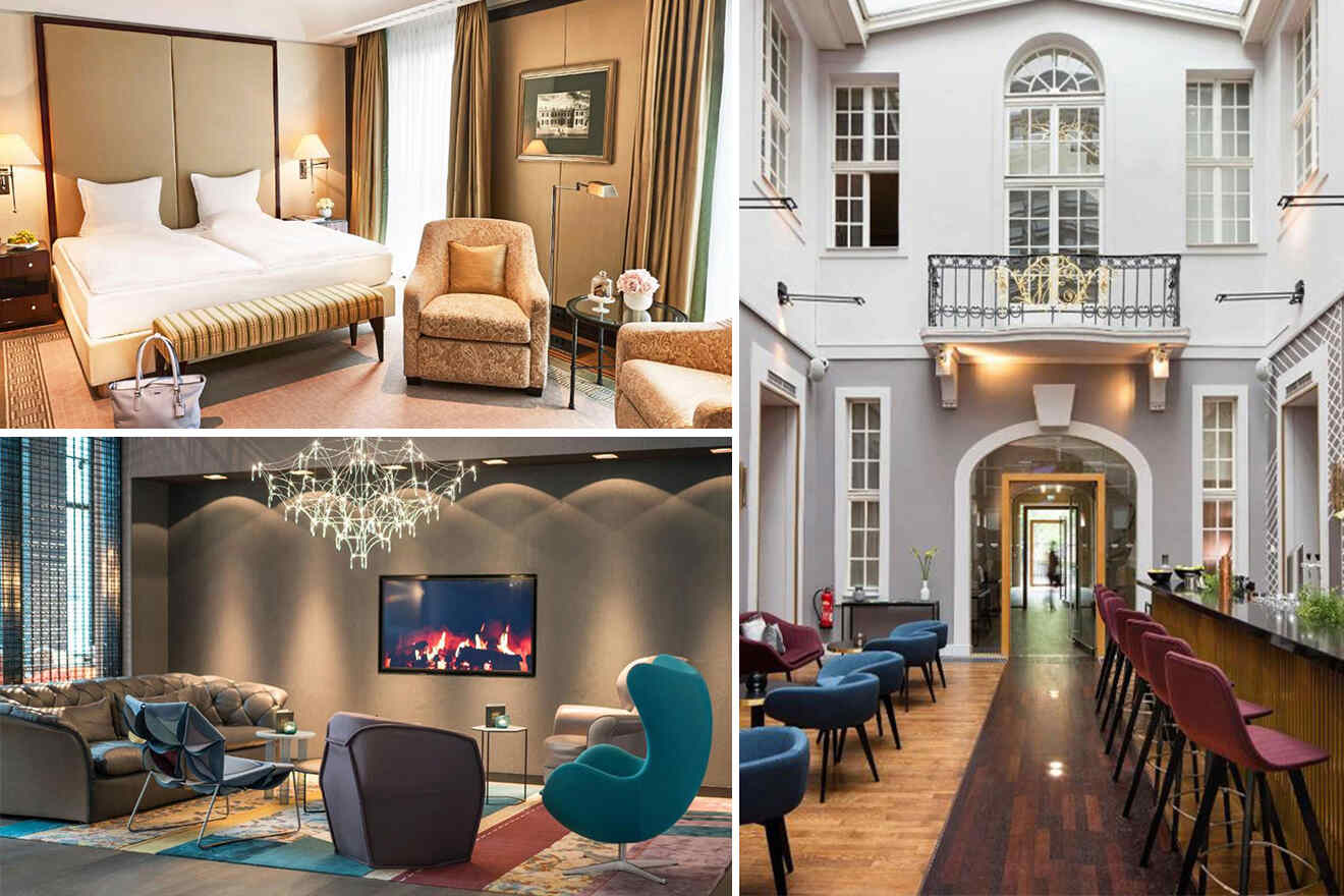 collage of 3 images with: bedroom, living room and lounge bar in the hotel