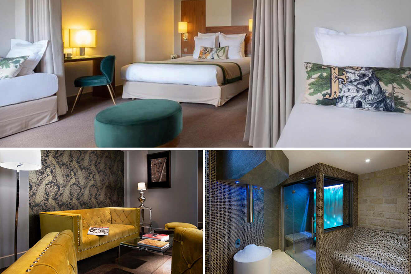 collage of 3 paris hotels with: bedroom, lounge zone and spa zone with hammam