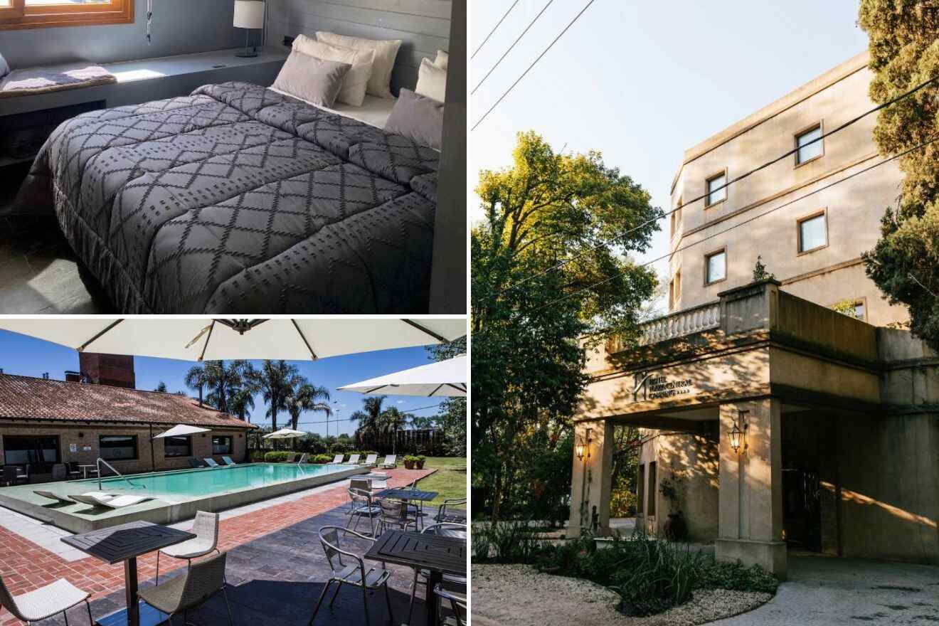 collage of three hotel photos: bedroom, outdoor pool, and hotel exterior