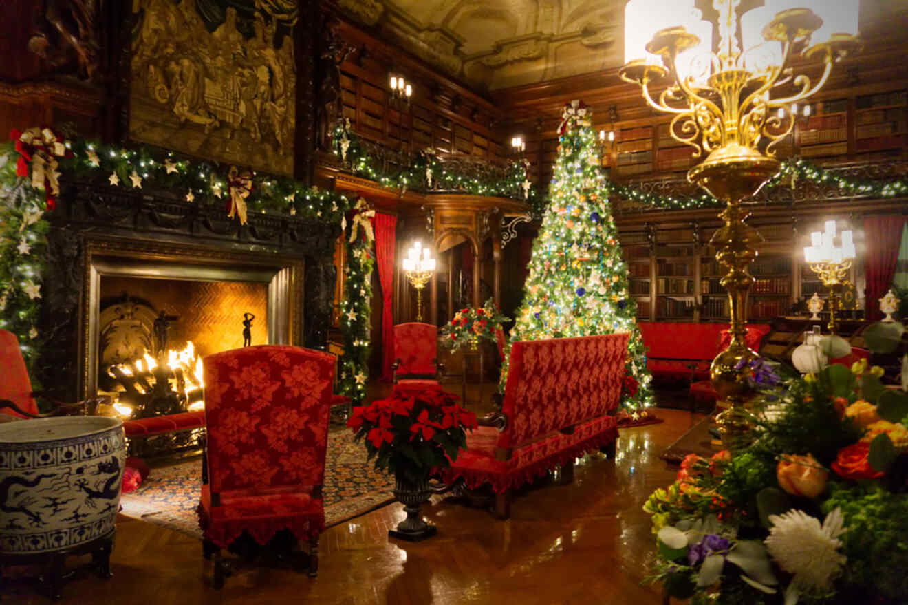 the interior of a mansion decorated with Christmas decor