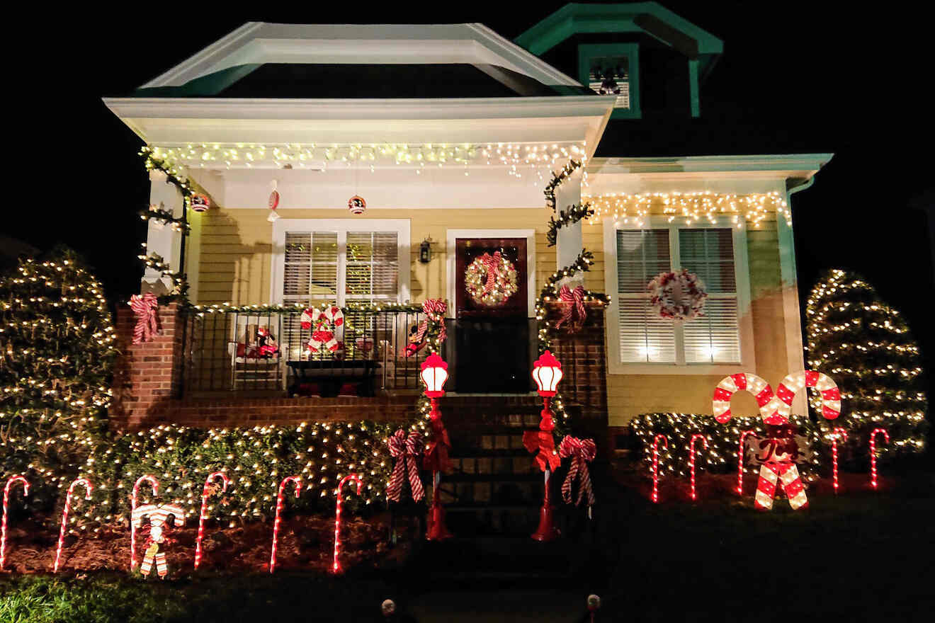 a house decorated with Christmas lights and decorations