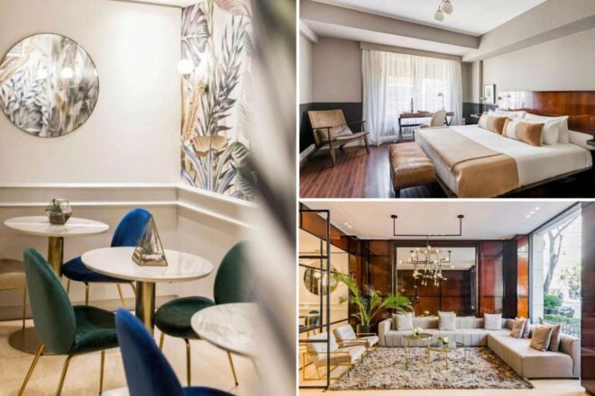 collage of three hotel photos: dining room, bedroom and living room