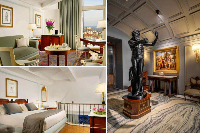 collage of 3 images with: bedroom, lounge zone and hall with a statue