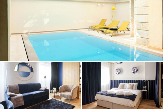 A collage of three photos of hotels to stay in Chartrons, Bordeaux: indoor hotel pool, living room in a hotel suite, and bedroom