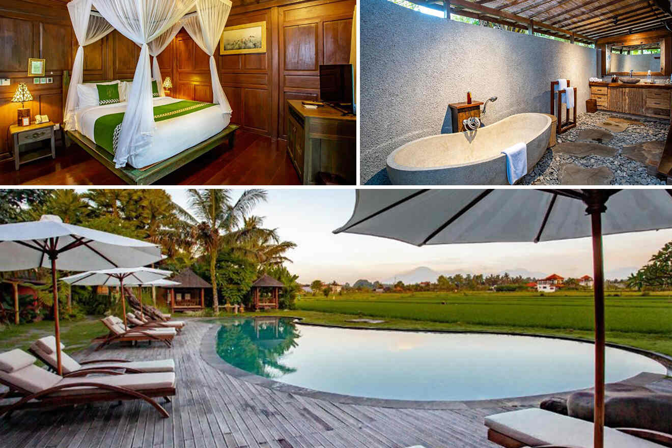 collage of 3 images with: bedroom, spa bath and view of the villa with pool