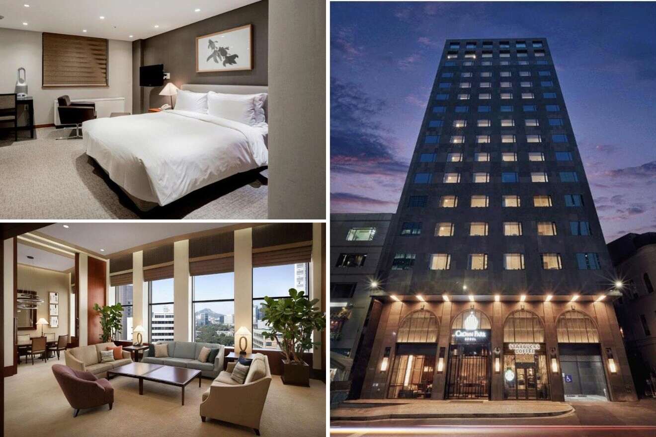 A collage of three photos of hotels to stay in Myeongdong, Seoul: hotel bedroom, living room in hotel suite, and hotel exterior