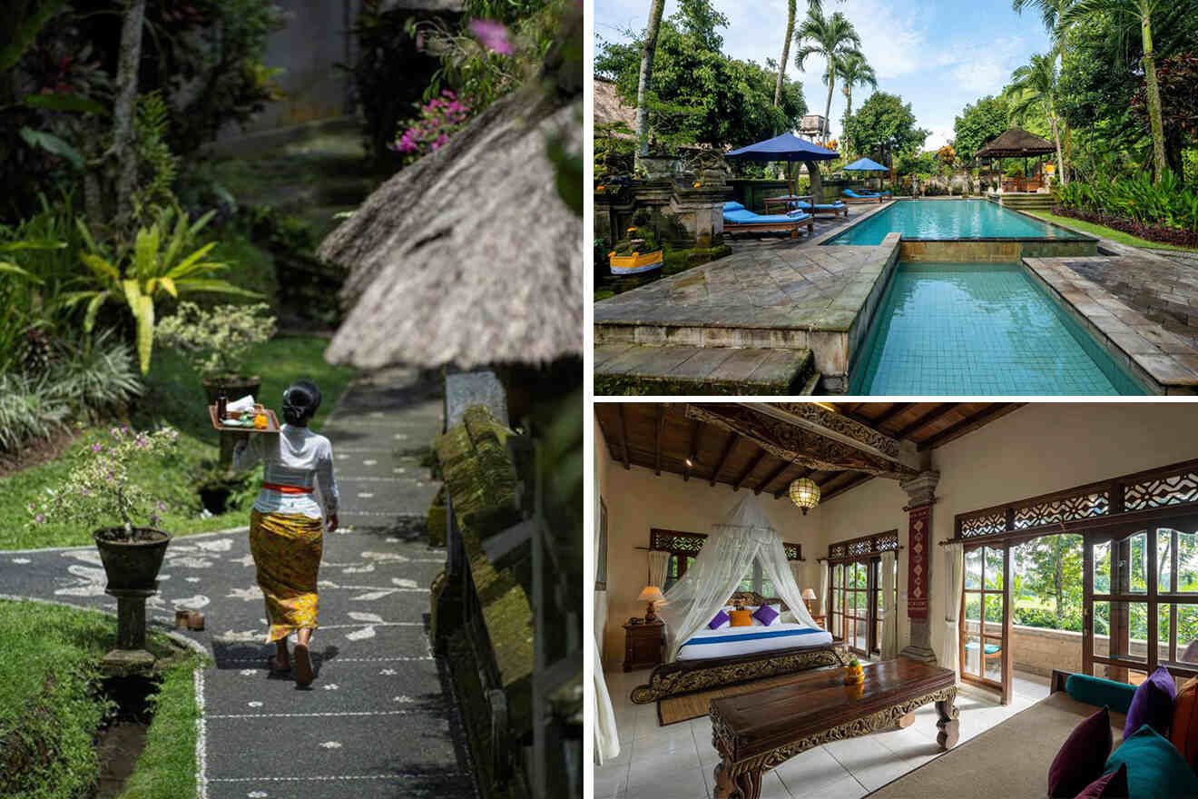 collage of 3 images with: swimming pool, bedroom and Balinese woman carries a tray