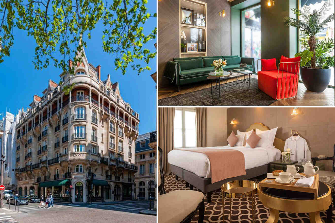 collage of 3 images of paris hotels with: bedroom, lounge zone and exterier of the hotel
