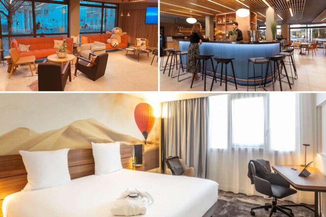 A collage of three photos of hotels to stay in Gare Saint-Jean & Saint Michel, Bordeaux: hotel lounge area, hotel bar and hotel bedroom