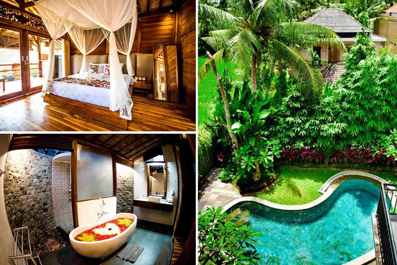 collage of 3 images with: bedroom, spa bath. and view of the villa with pool