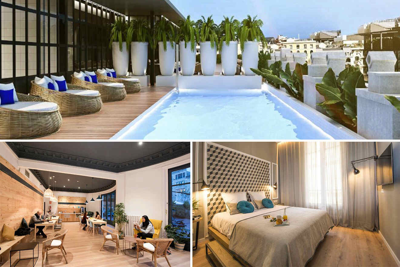 collage of 3 images with: dining area, bedroom and pool