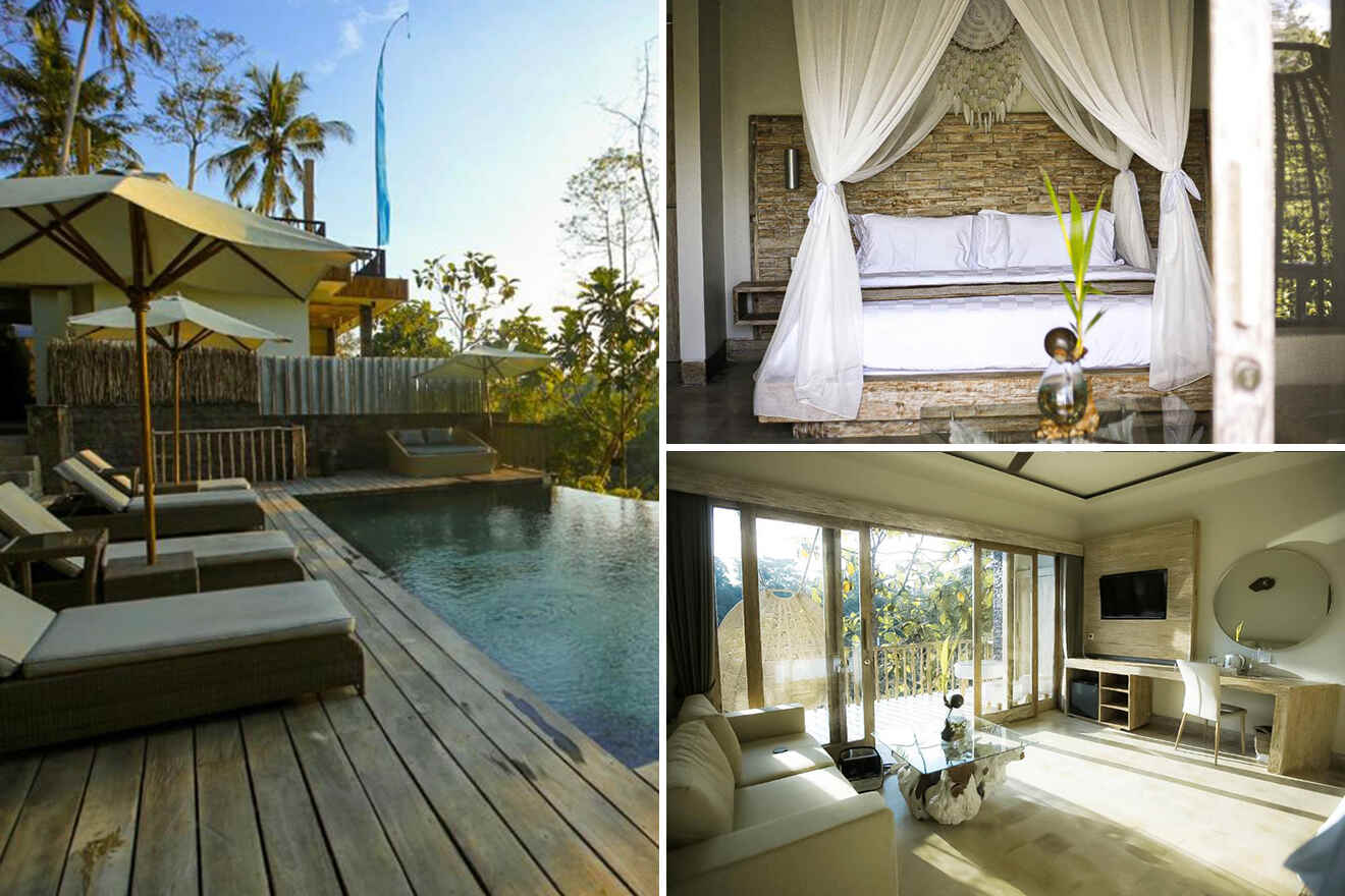 collage of 3 images with: bedroom, living room and pool