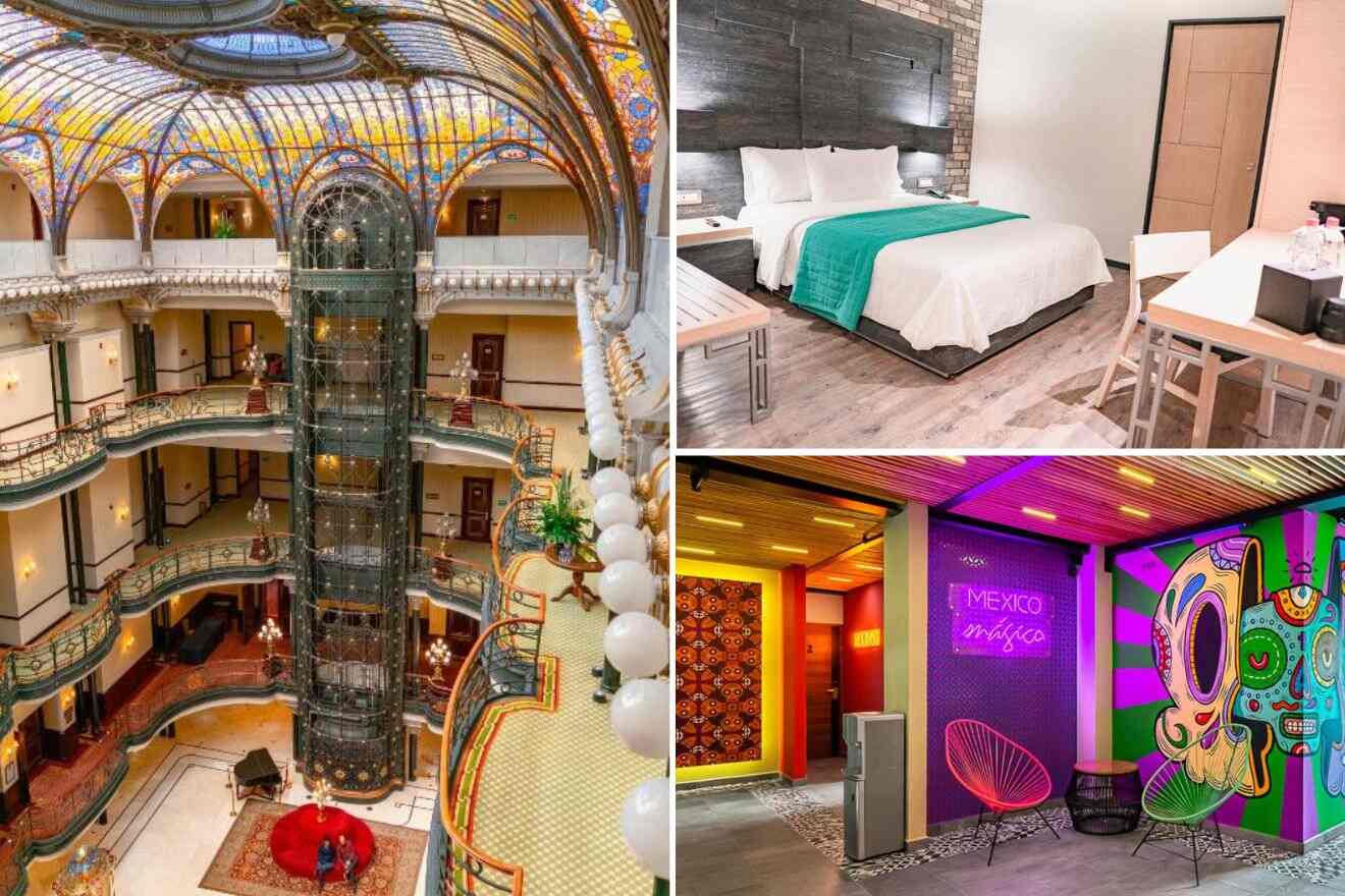 A collage of three photos of hotels to stay in Centro Historico, Mexico City: hotel interior, bedroom, and hotel lounge area with a colorful mural