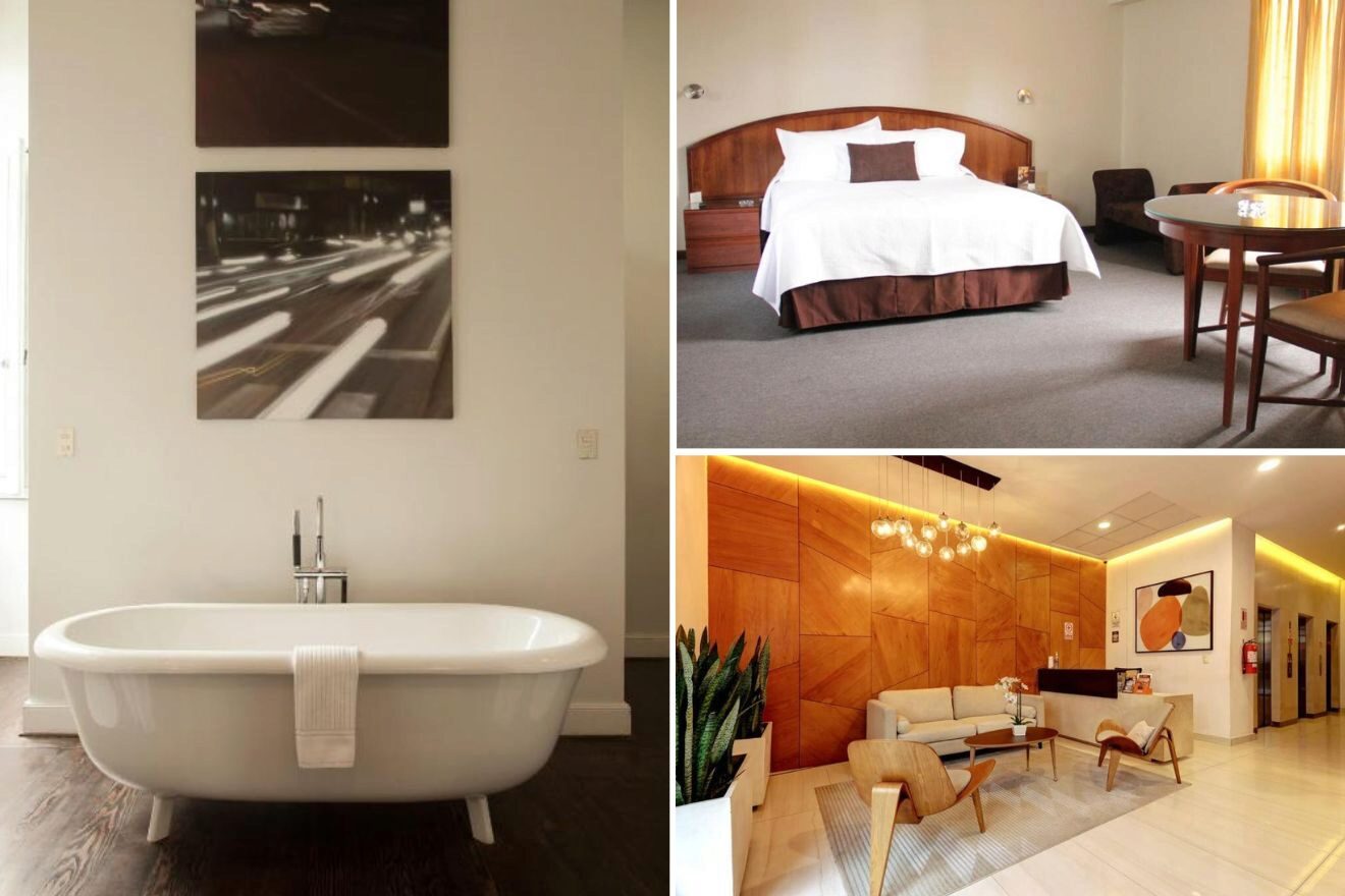a collage of three hotel photos in Barranco: bathtub, bedroom, and living room