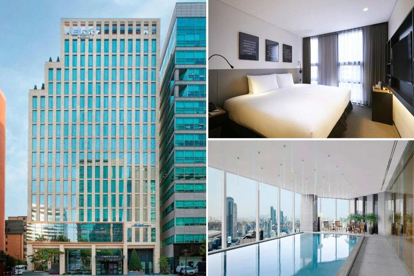 A collage of three photos of hotels to stay in Gangnam, Seoul: hotel exterior, hotel bedroom, and indoor pool