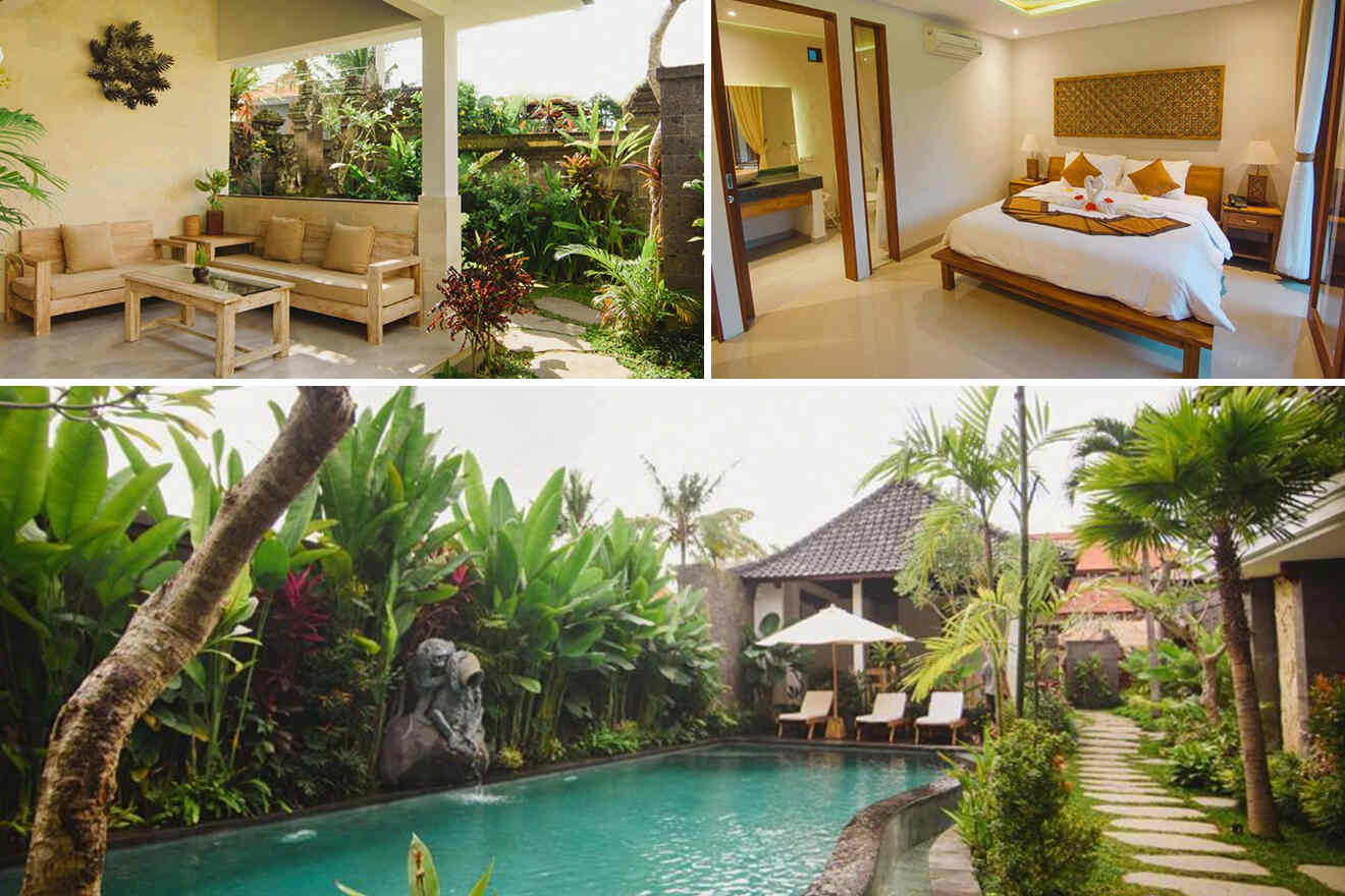 collage of 3 images with: bedroom, lounge and pool