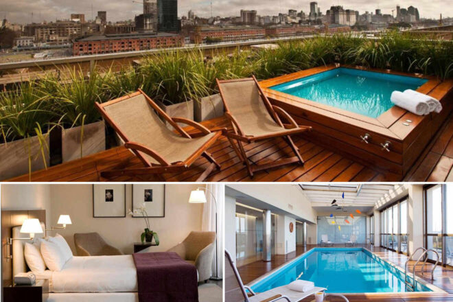 a collage of three hotel photos: rooftop hot tub, bedroom, and indoor pool