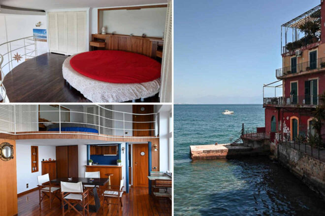 collage of 3 images with: bedroom, dining area and view of the building near the sea