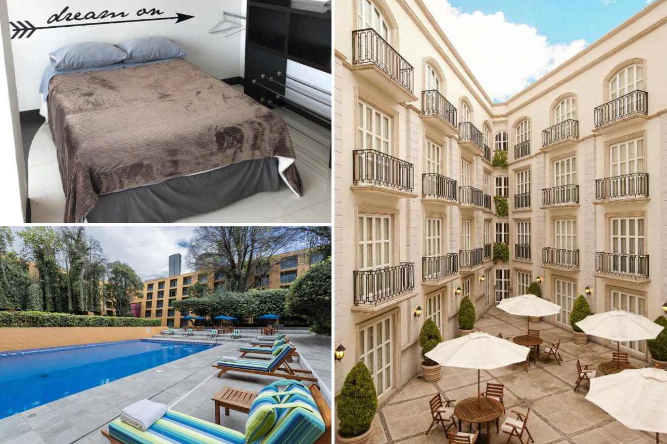 A collage of three photos of hotels to stay in Polanco, Mexico City: hotel bedroom, outdoor pool, and courtyard with tables and chairs