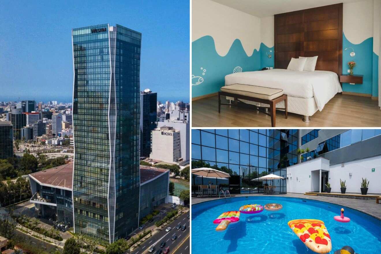 a collage of three hotel photos: hotel exterior, bedroom, and outdoor pool in Lima