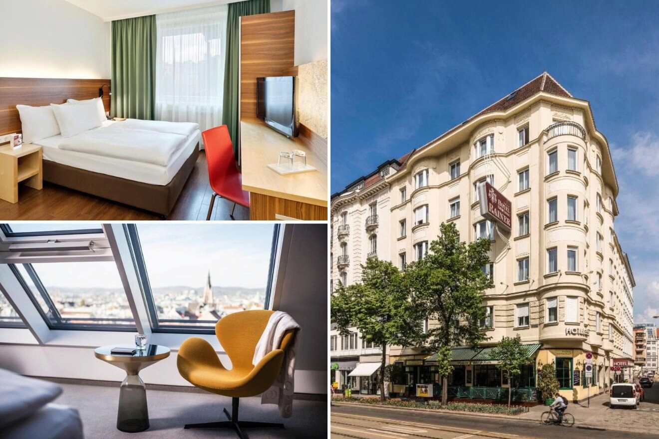 a collage of three hotel photos: bedroom, seating area with a view, and hotel exterior