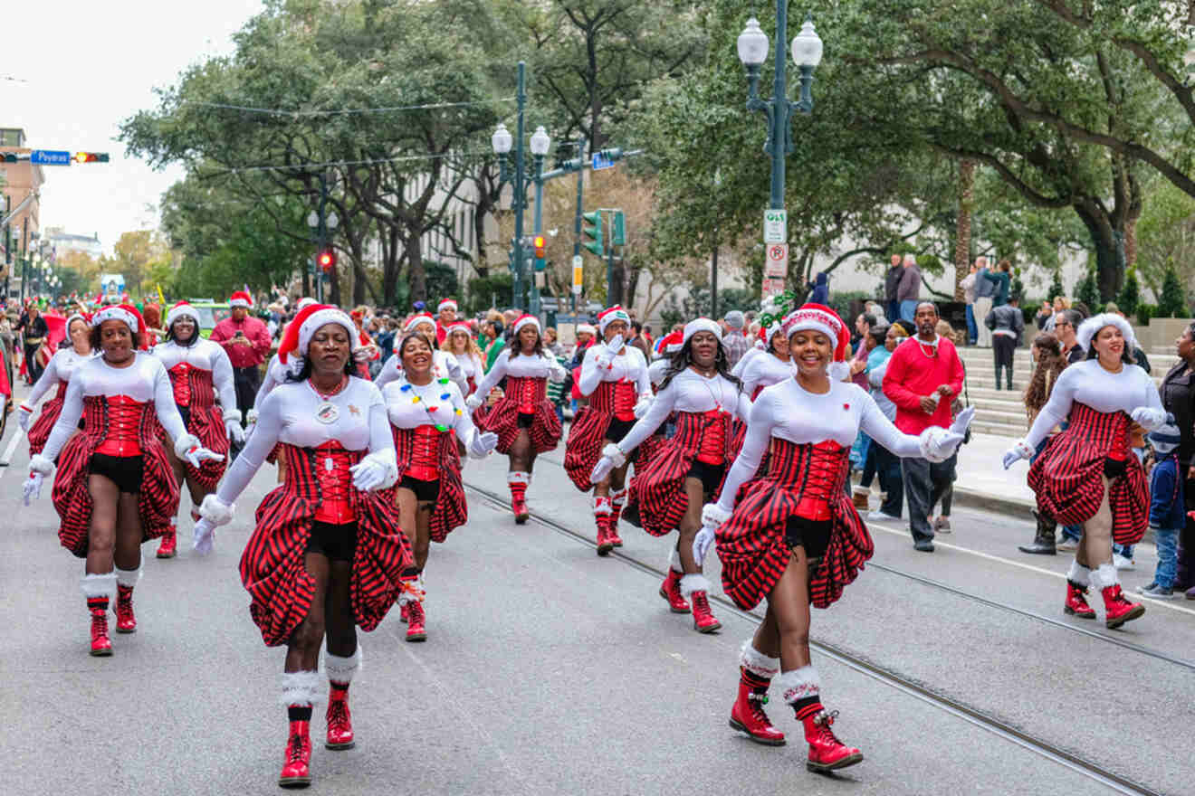 people in costumes participating in a Christmas parade