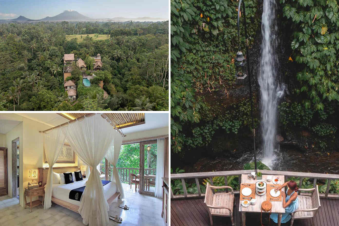 collage of 3 images with: bedroom, view of the resort and restaurant near the small waterfall