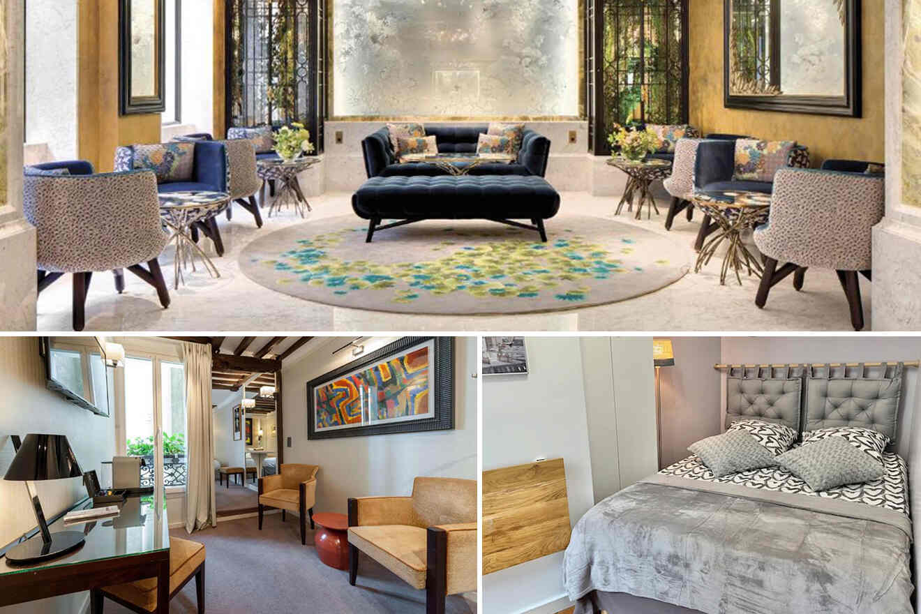 collage of 3 paris hotels images with: bedroom, lounge zone and lobby of the hotel