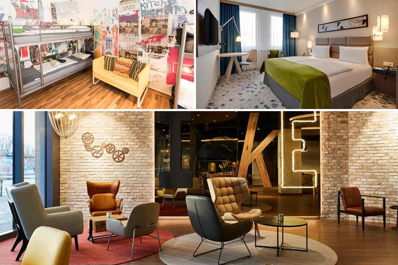 collage of 3 images with: bedroom and lounge zone